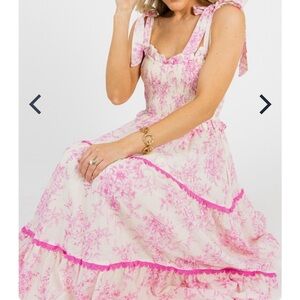 & merci pink and white smocked tiered midi dress size large floral scalloped